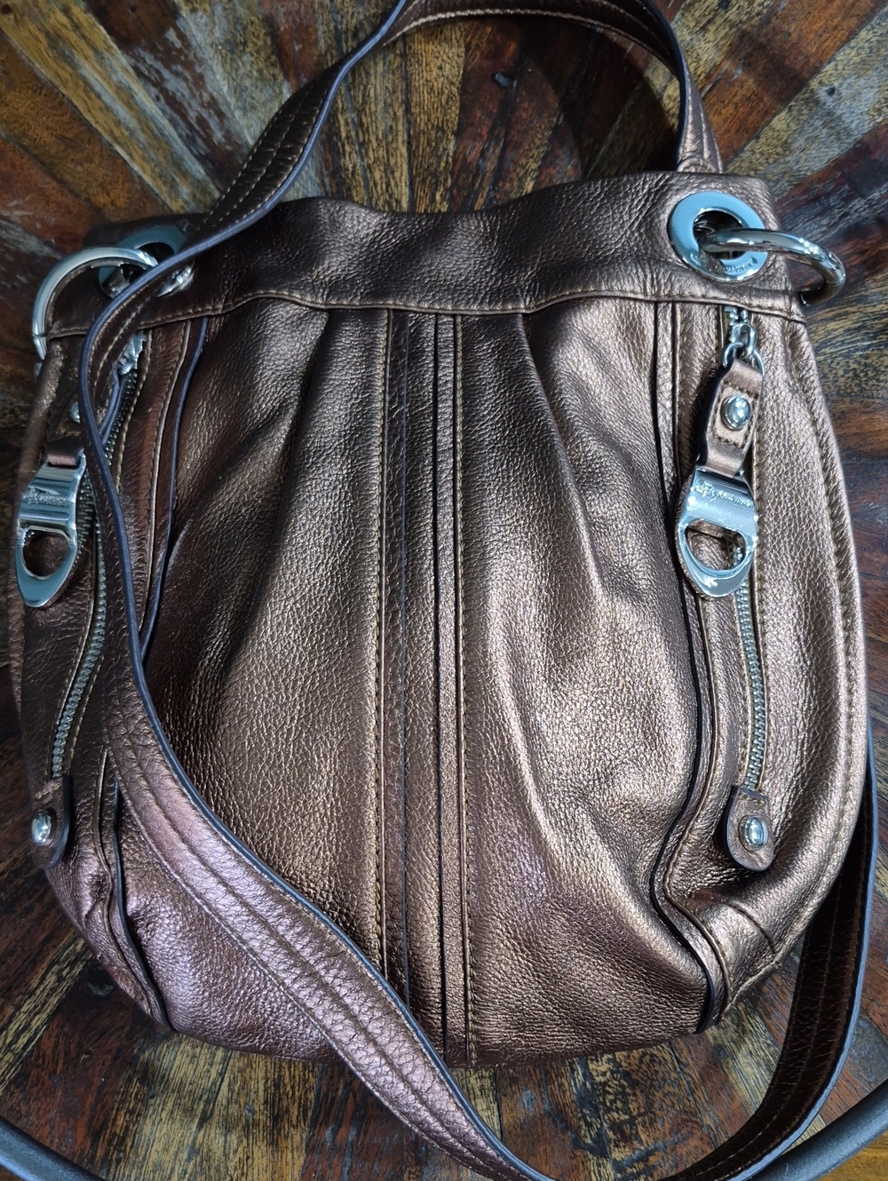 B Makowski Copper Metallic Brown Leather Shoulder Bag